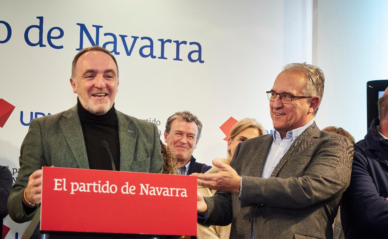 El presidente de UPN, Javier Esparza y el alcalde de Pamplona, Enrique Maya, tras la reunión del Comité Ejecutivo del pasado lunes. 