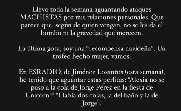 La 'story' que ha subido Alexia Rivas tras recibir «ataques machistas».