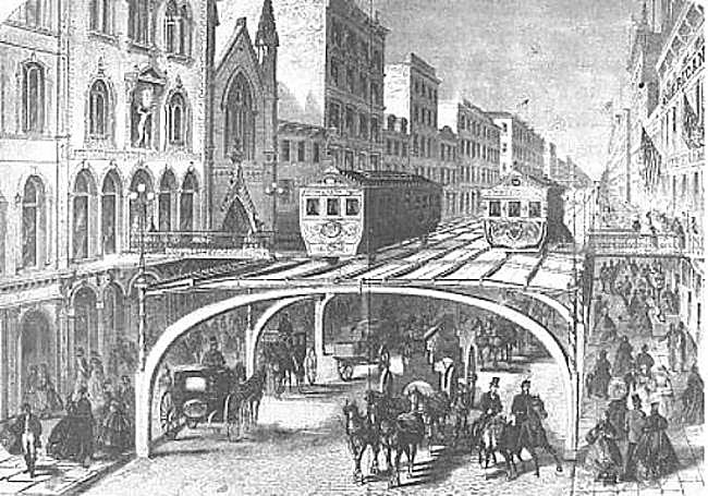 Esbozo del proyecto para el ferrocarril elevado, que se construyó en 1878.