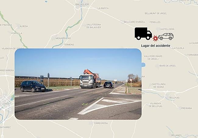 El todoterreno salió del cruce de la izquierda y fue embestido por el camión, que en el asfalto dejó marcadas las huellas de su frenada.