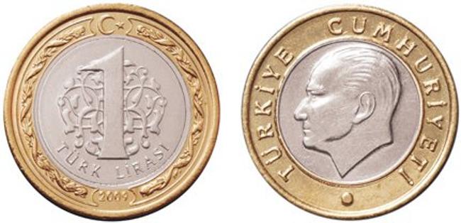 Una moneda de lira turca por ambas caras, muy similar a la de 1 euro.