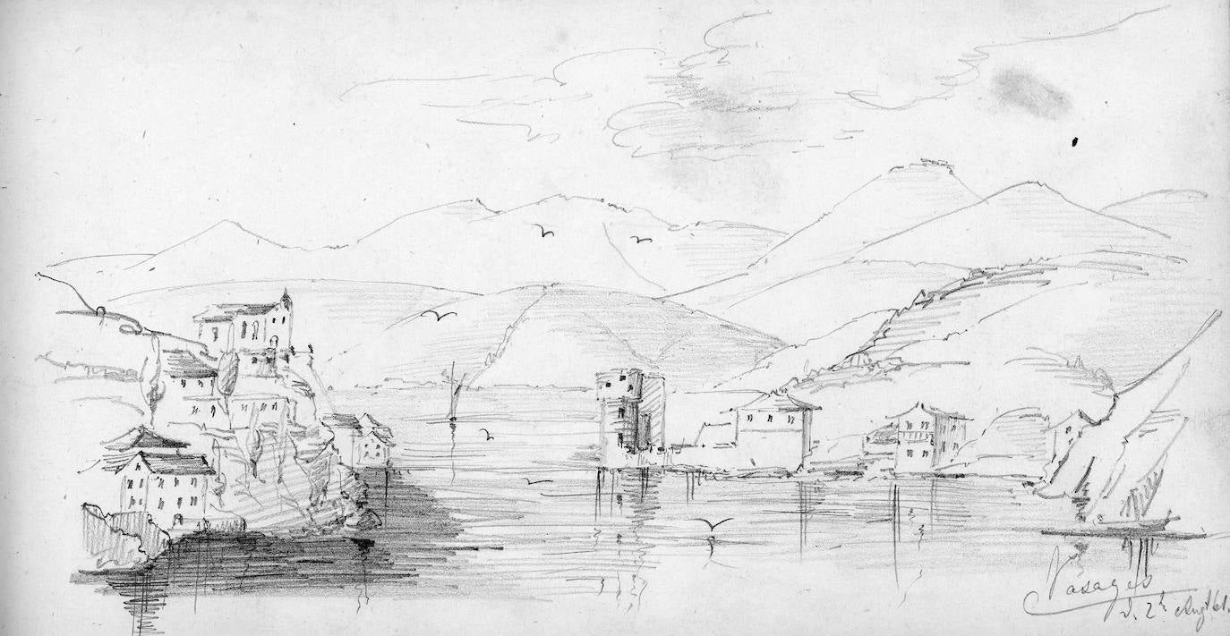 Vista de la entrada al Puerto de Pasaia. A la izquierda el barrio de San Juan con su iglesia de San Juan Bautista y algunas casas. A la derecha el barrio de San Pedro con su torre que la villa de Donostia-San Sebastián construyó en la primera mitad del siglo XVI para asentar su jurisdicción sobre el puerto.