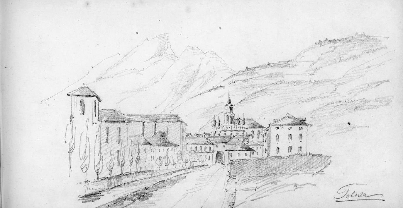 Vista de Tolosa tomada desde una irreconocible calle San Francisco antes del desarrollo urabano de la villa. A la izquierda, lo que parece ser el convento de San Francisco, de frente el arco que formó parte del torreón Laskoain y, al fondo, la iglesia de Santa María.