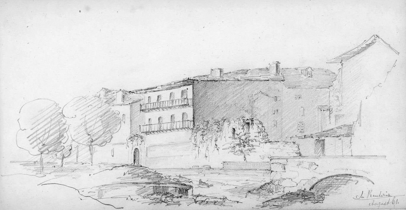 Vista de un antiguo caserón de viviendas de Rentería y un pequeño puente. Ubicación desconocida.