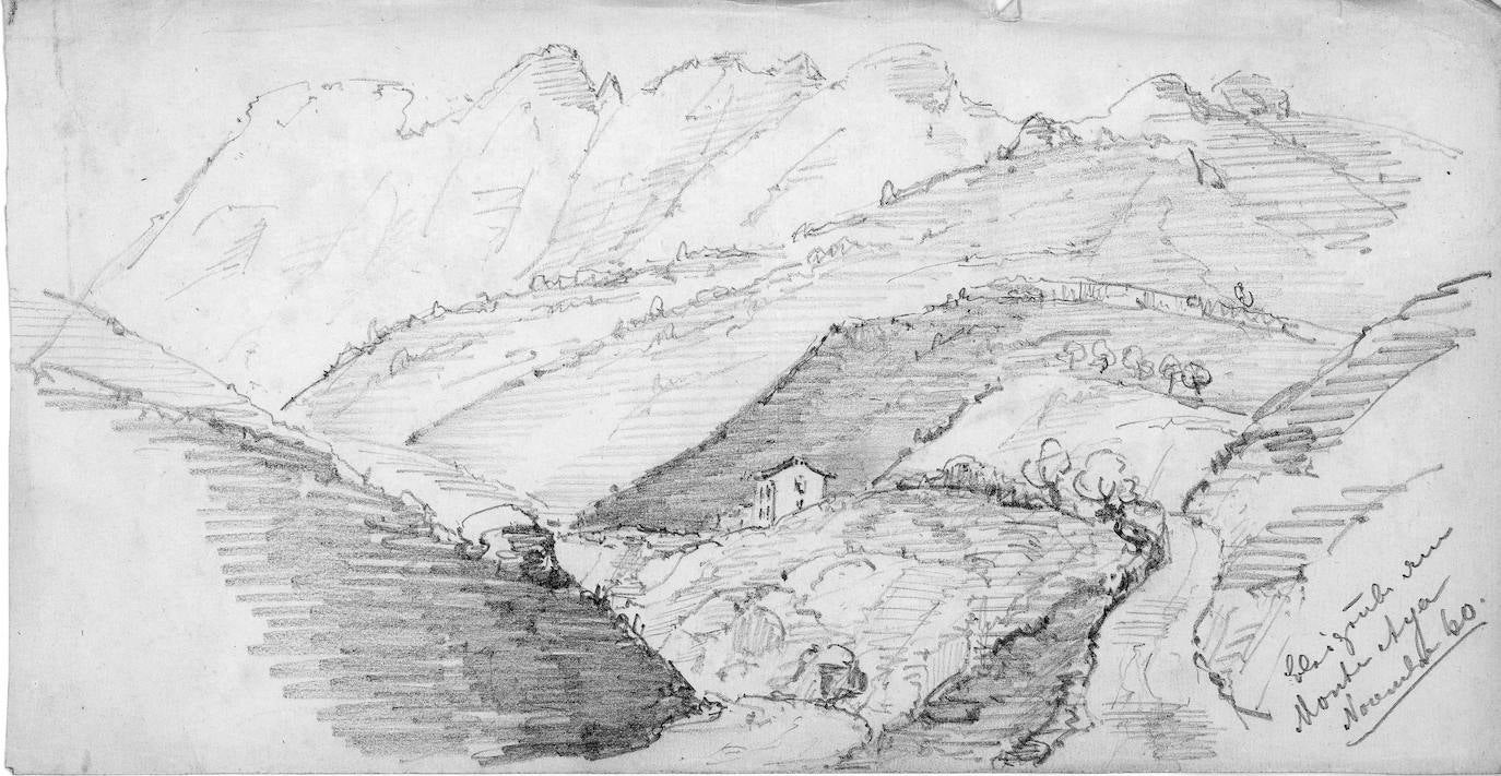 Vista de las Peñas de Aia desde un espacio dificil de identificar. Es probable que sea una toma desde las minas de Arditurri ya que G.A. Dick visitó diversas instalaciones mineras durante su estancia en el País Vasco aunque también puede haber sido tomada desde el lugar de Oianleku, en Oiartzun, donde se conserva un cromlech prehistórico.