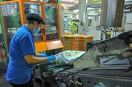 Una trabajadora comprueba el empaquetado de una bolsa de comida para mascotas en la planta de Elmubas en Azpeitia.