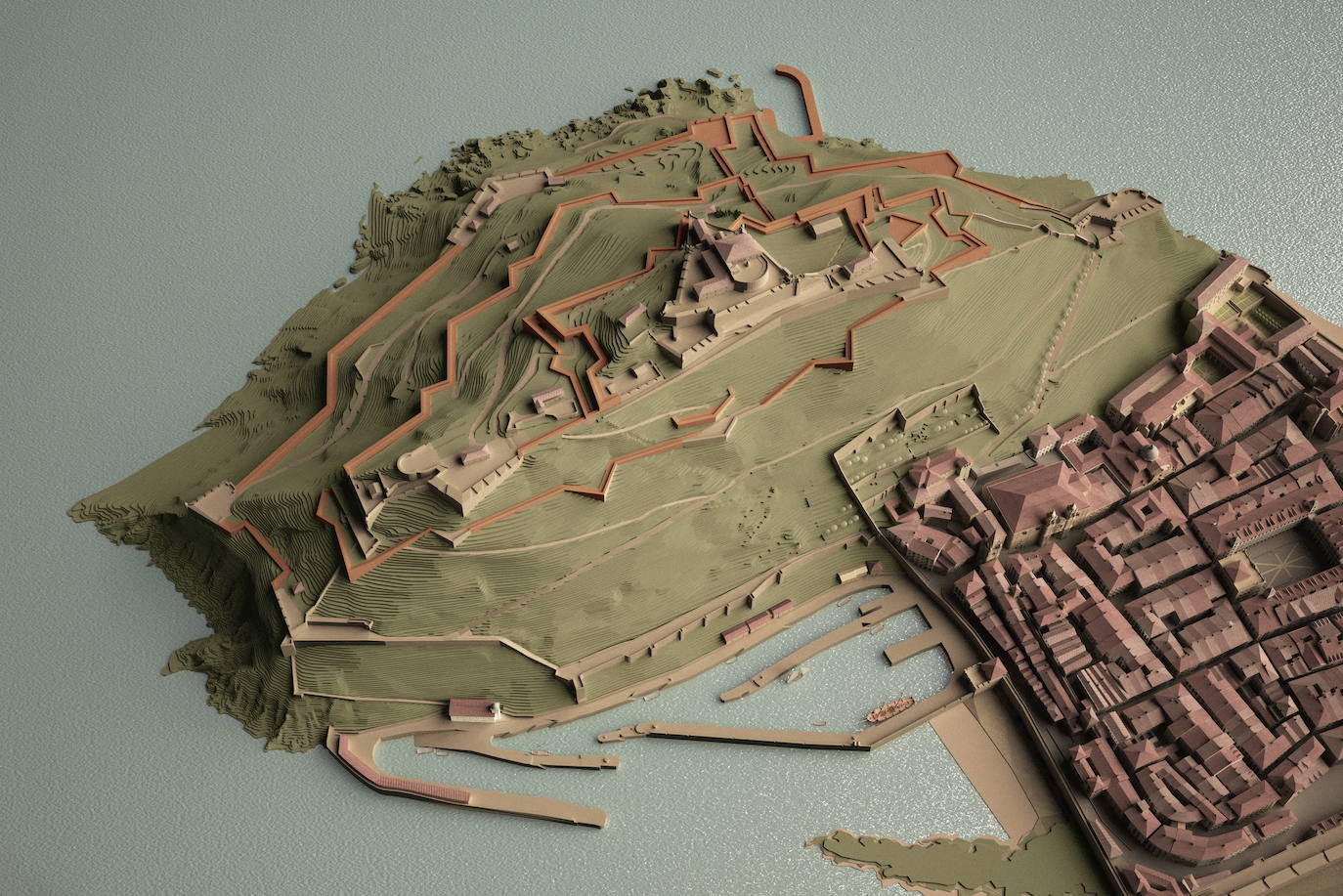 La ciudadela de Torelli. En naranja, las partes no realizadas.