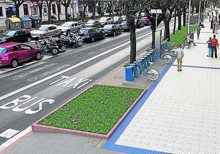 Imagen principal - La acera de los pares de Sancho el Sabio se reordenará este año por algo más de un millón de euros. Para renovar el parque de Bidebieta hay medio millón de euros. Para arreglar bidegorris como el de Árbol de Gernika se reservan más de un millón de euros.