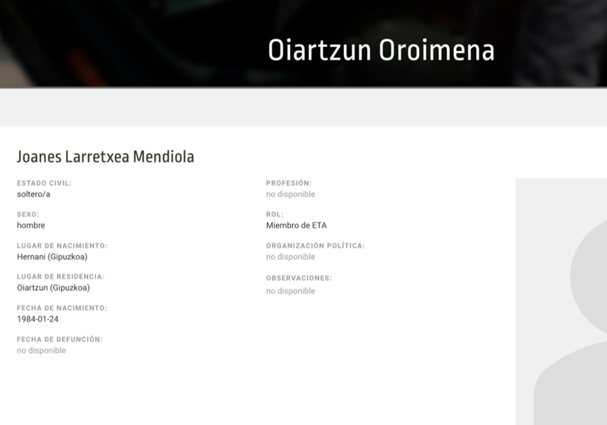 El perfil de Joanes Larratxea en la web de Oroimena del Ayuntamiento de Oiartzun.