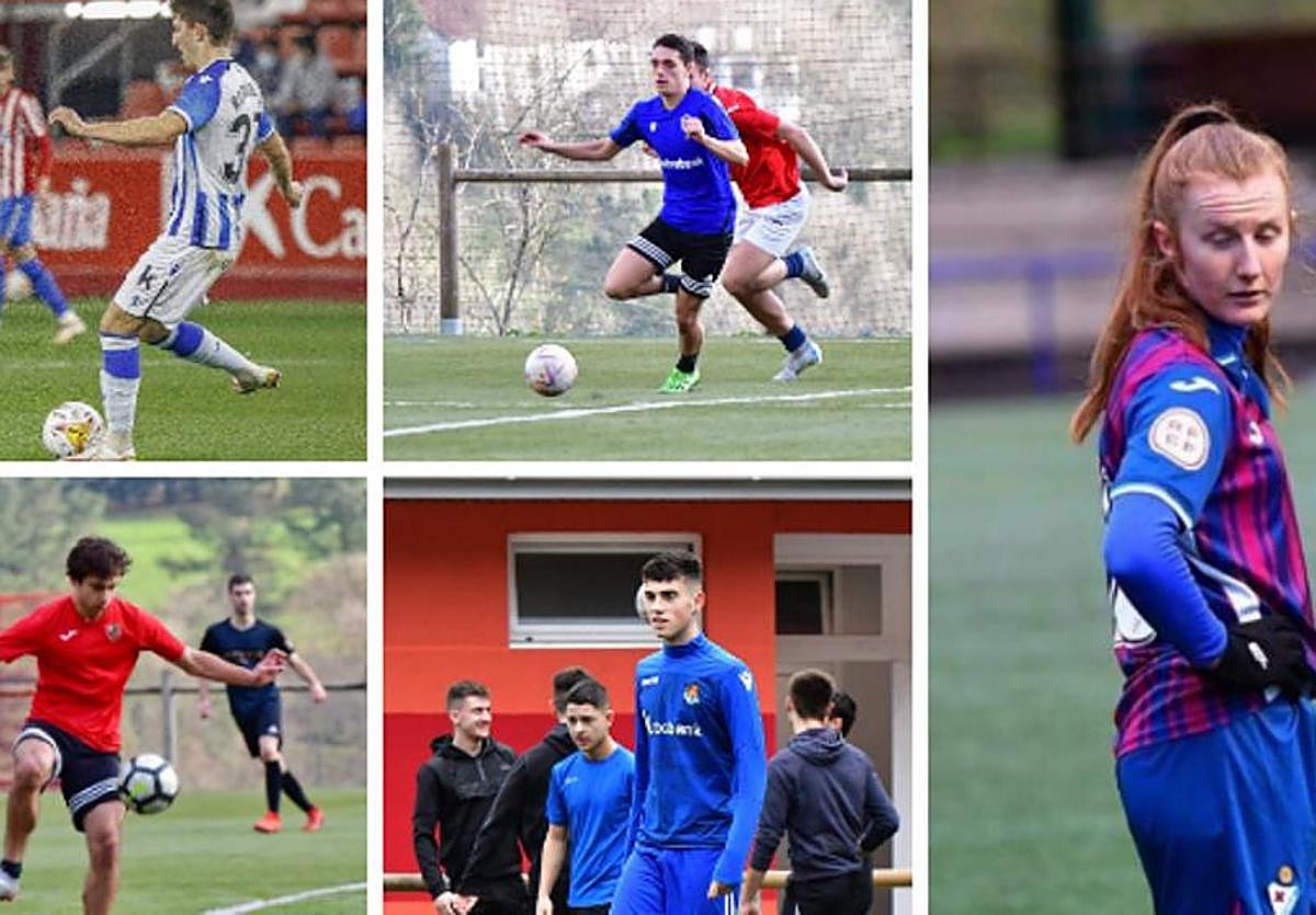 Beñat Larrea, abajo en el centro con la camiseta de la Real, entre los cinco futbolistas de Antzuola que siguen sus carreras en clubes vascos.