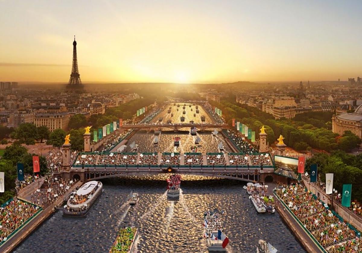 Simulación de la ceremonia de inauguración en la que los deportistas desfilarán en barcos y el público estará en las orillas.