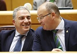 El senador del PP Miguel Ángel Tellado (d) conversa con el coordinador general del PP, Elías Bendodo