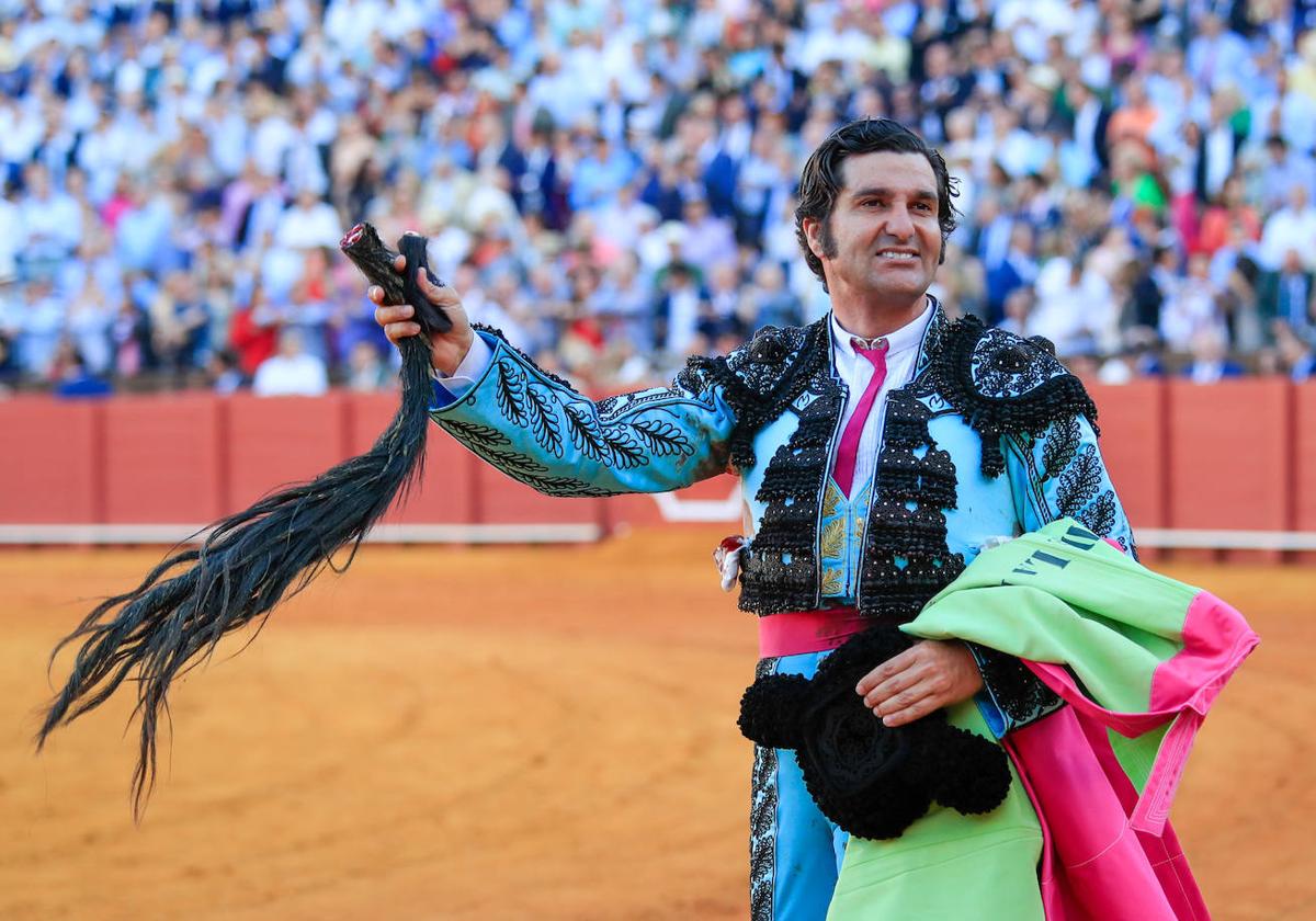 El torero Morante de la Puebla da la vuelta al ruedo tras cortar dos orejas y rabo en Sevilla.