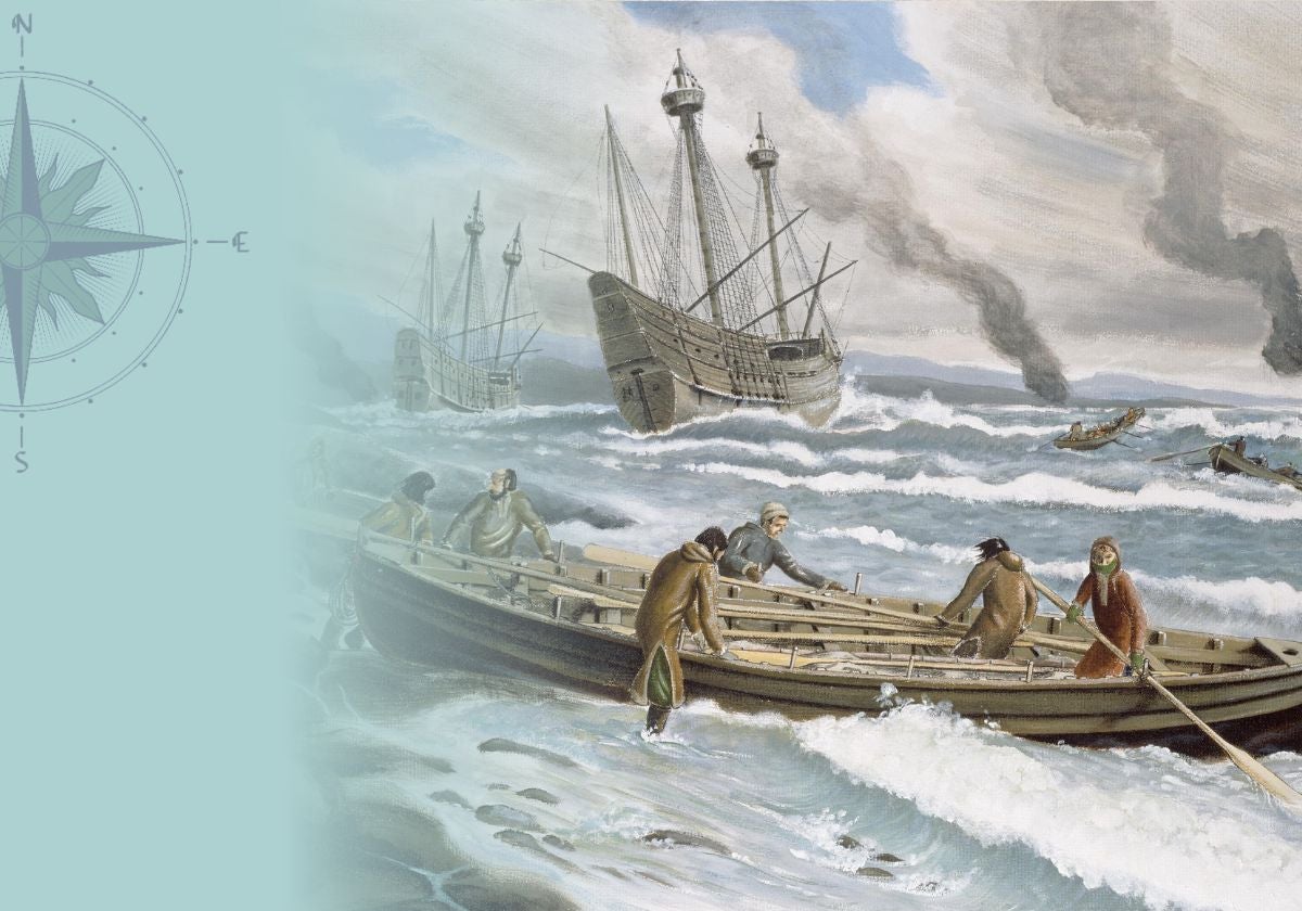 Representación de una chalupa ballenera en Terranova en el siglo XVI.