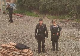 Varios ertzainas se acercan al tren, parado frente a las casas del paseo de Francia.