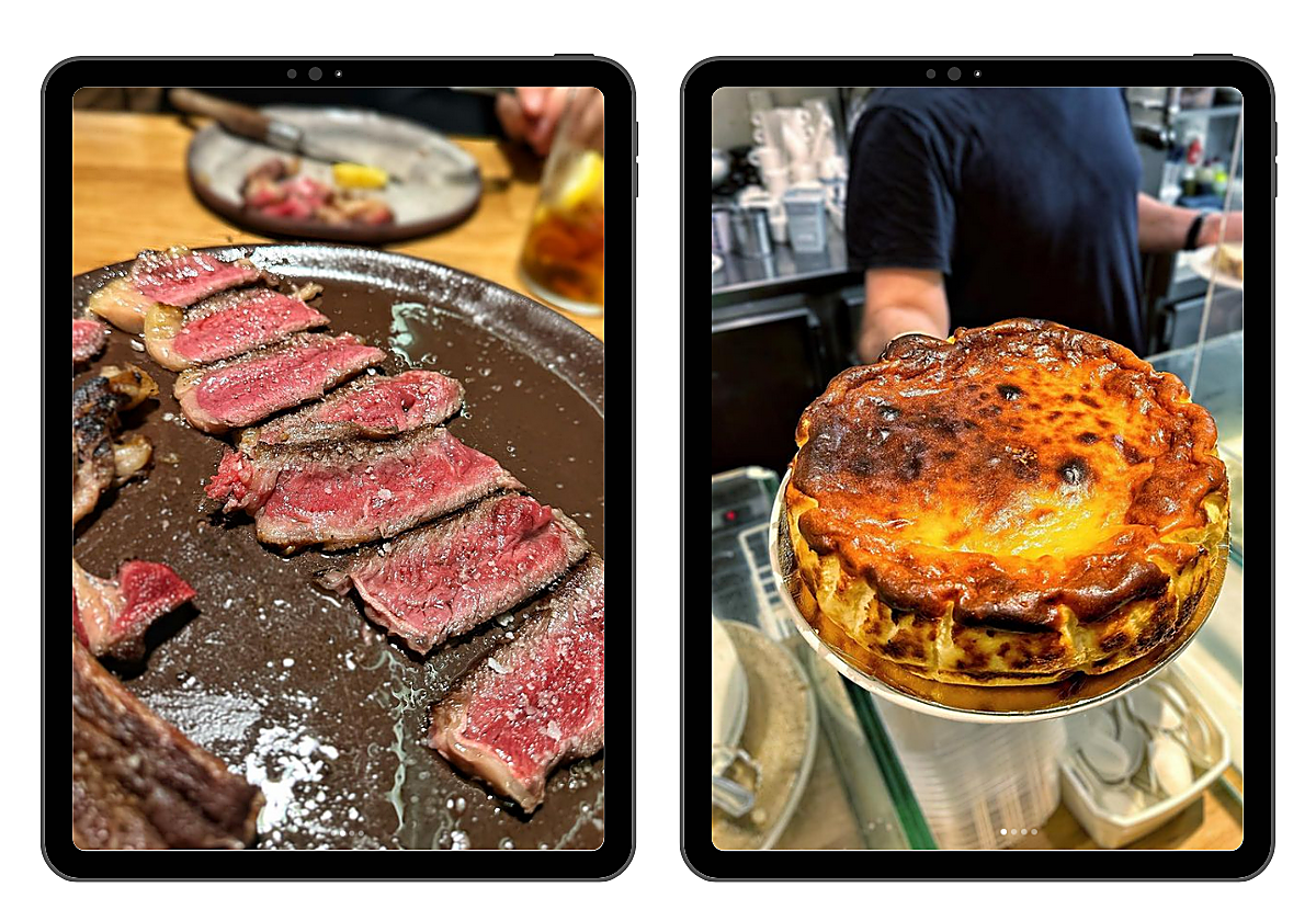 Chuleta y la tarta de queso de La Viña, dos de las creaciones donostiarras que degustó el 'influencer' durante su estancia.