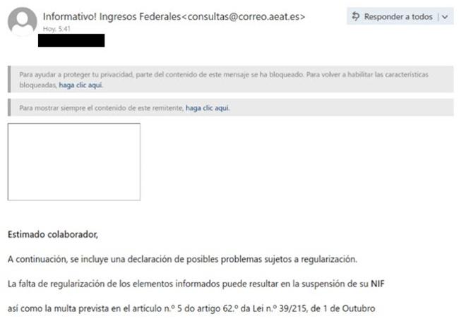 Uno de los mails enviados por los ciberdelincuentes.