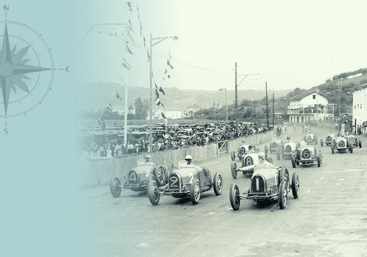 Tres Bugatti encabezan la salida del Gran Premio de San Sebastián de 1929. El número 2 estaba pilotado por Georges Philippe, que era hijo del multimillonario Rotschild..