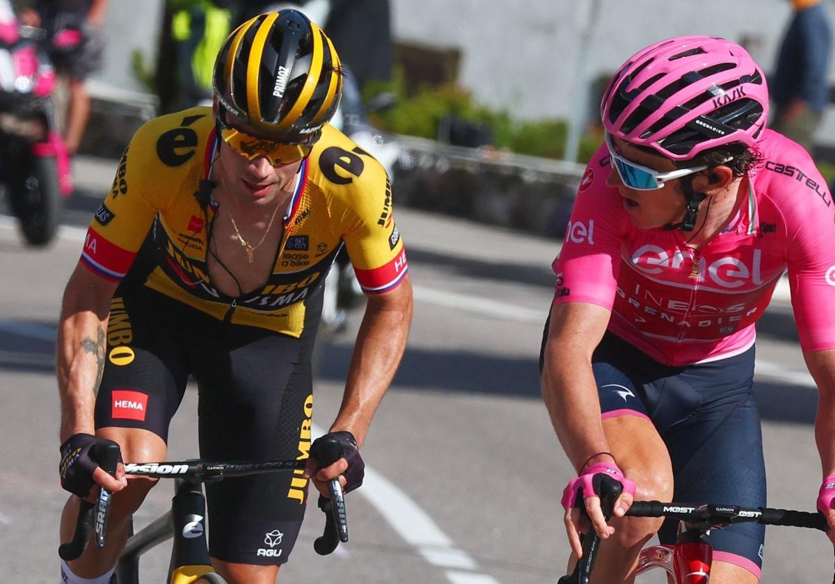 Primoz Roglic y Geraint Thomas soltaron a Joao Almeida, este jueves en Val di Zoldo.