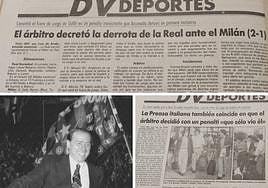 Silvio Berlusconi, tras conseguir el Scudetto 1987/1988 y los recortes de prensa del DV con la crónica del amistoso entre Milan y Real Sociedad el 12 de agosto de 1987.