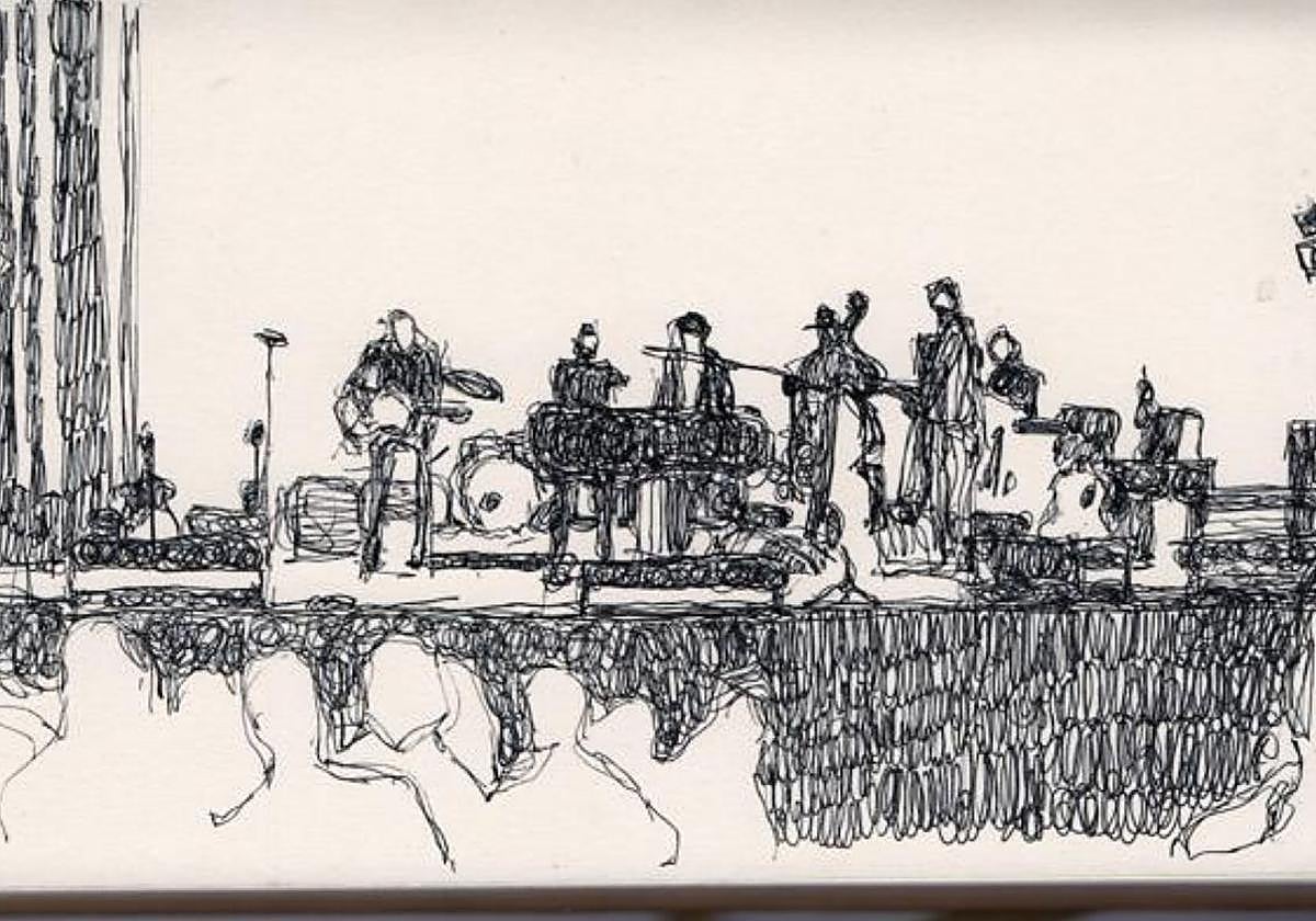 Ilustración de la actuación de Dylan en Granada realizada por Gabriel H. Walta, artista granadino.