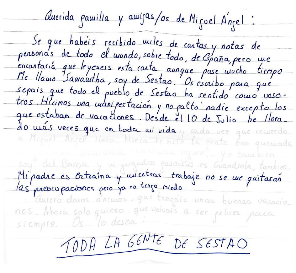 Carta remitida por Samantha desde Sestao