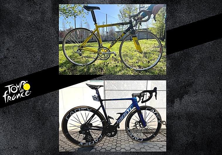 Arriba, una bicicleta Giant de competición de los años 90. Abajo, una de la misma marca que compite este año.
