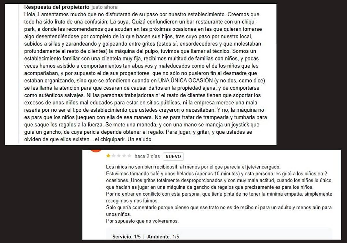 La reseña original -abajo- y la respuesta del propietario -arriba-.