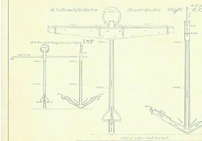 Dibujo de planta y perfil de un ancla de un navío de 74 cañones de 1790.