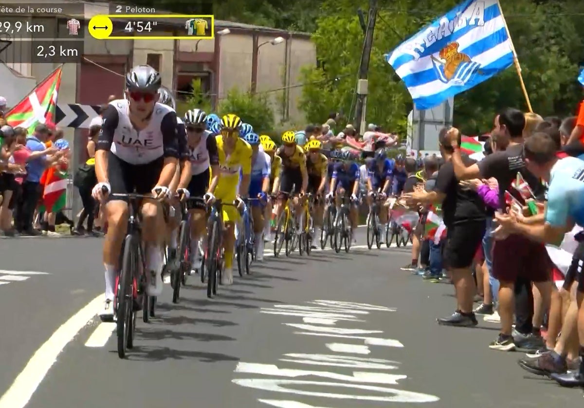 El pelotón durante el ascenso hasta el Alto de Udana acompañado de un gran número de aficionados realzales.