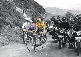 Ilustración con TadejPogacar y Vingegaard sobre la foto de Anquetil Y Poulidor en 1964.