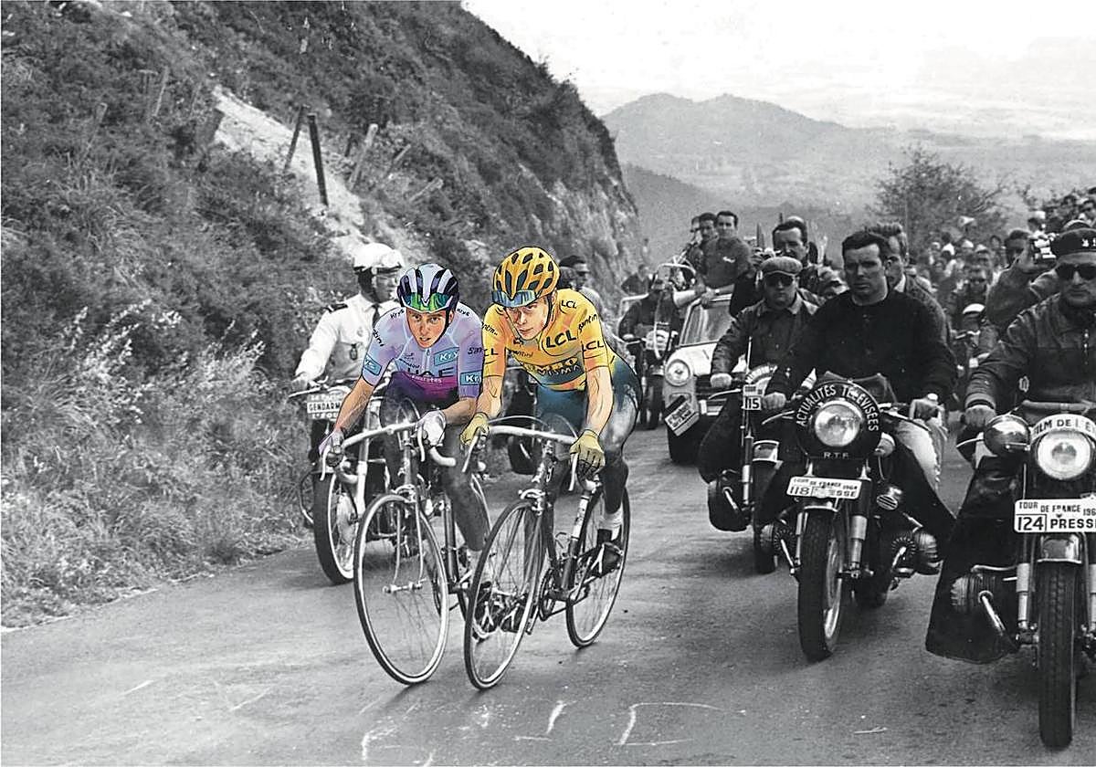 Ilustración con TadejPogacar y Vingegaard sobre la foto de Anquetil Y Poulidor en 1964.