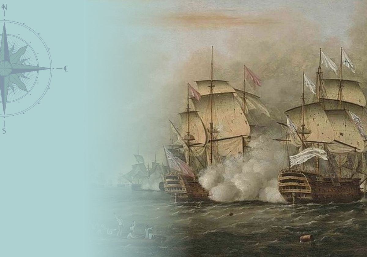 Batalla naval de los Santos entre británicos y franceses, 12 de abril de 1782. Fragmento del óleo de Thomas Whitcombe (1783)