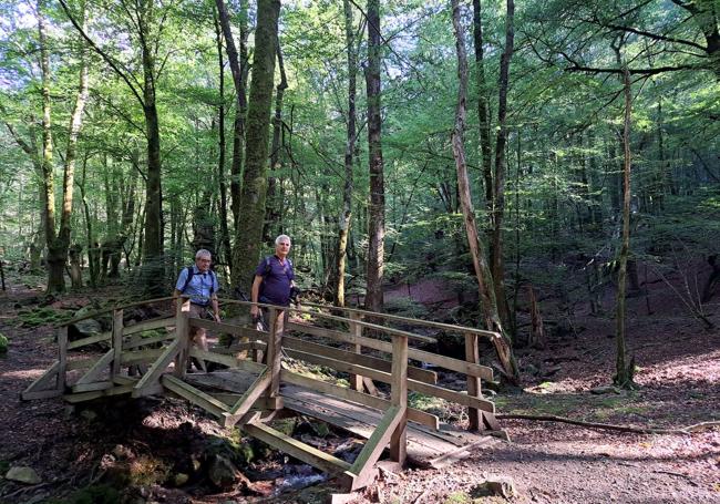 El zarauztarra Xabier y el donostiarra Iñaki optaron por acercarse ayer a Artikutza. El río a su paso por el poblado.