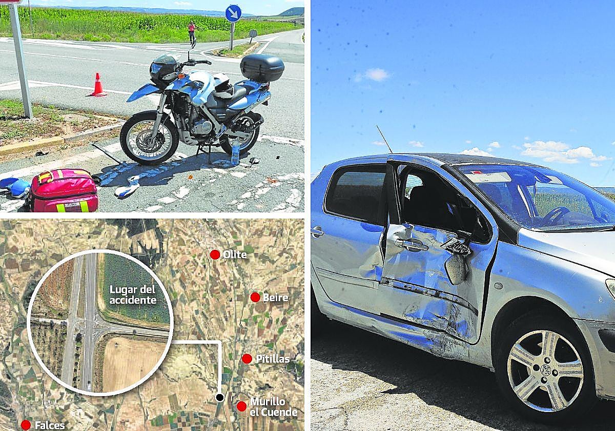 La motocicleta en la que viajaba el vecino de Irun, el lugar del accidente y el turismo implicado.