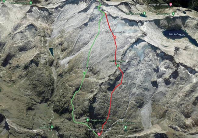 Ruta normal al Aneto en color rojo, desaconsejada ahora por el estado del glaciar, y en verde la alternativa recomendada por los expertos.