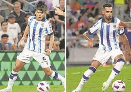 Take Kubo y Brais Méndez, en acción en distintos momentos de la pretemporada.