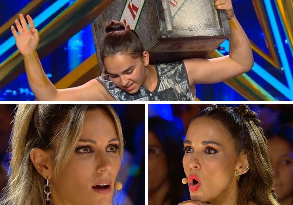 Udane levantando la piedra de 88 kilos ante el asombro de Edurne y Paula Echevarría.