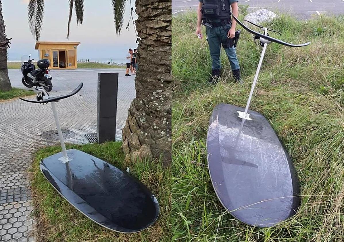 La tabla de surf eléctrica recuperada por la Guardia Civil en Hondarribia.