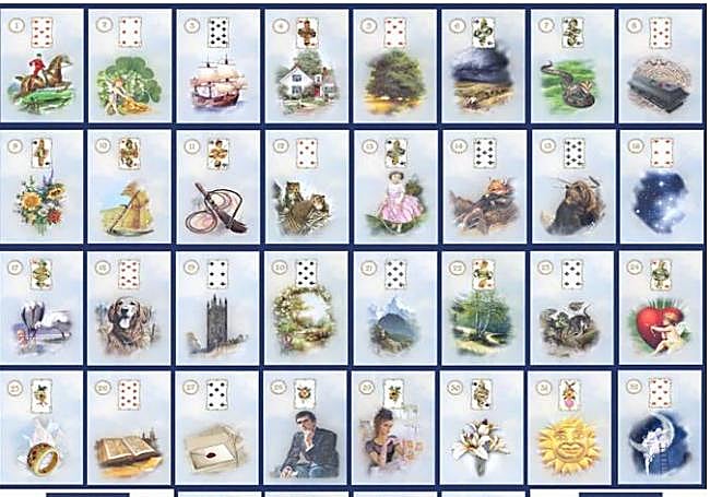 Baraja de Marie Anne Adelaide Lenormand (1772–1843),una adivina profesional francesa, de gran fama en su época y todavía hoy en día.