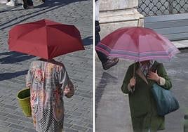 Una mujer con su paraguas abierto para combatir el bochorno a comienzos de mes en La Concha y, a la derecha, otra señora cubriéndose de la lluvia en el Boulevard, este jueves.