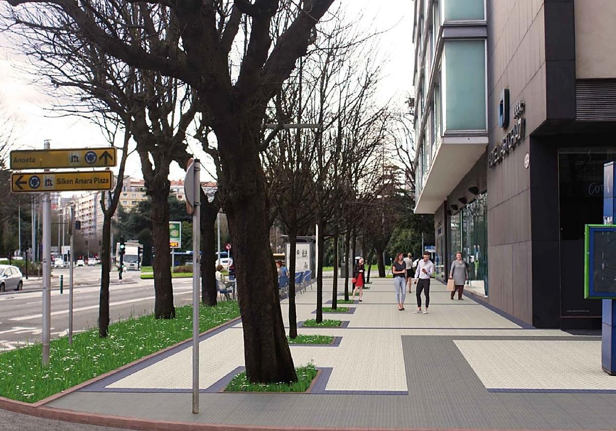 Fotomontaje de la acera de los números pares de Sancho el Sabio ya reurbanizada.