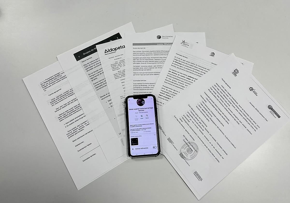 Cartas enviadas por los distintos colegios para avisar a las familias de la situación. En el centro, uno de los chats denunciados.