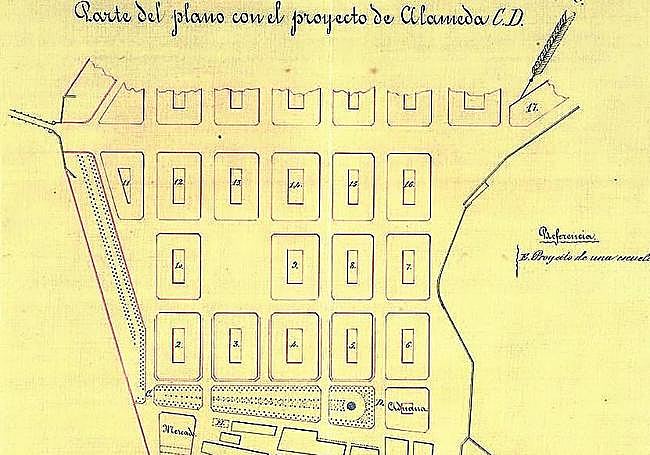 1865. Parte del plano del Ensanche de Antonio Cortazar, previa modificación, y el mismo con la inclusión de la Alameda. Las manzanas occidentales fueron ulteriormente suprimidas para habilitar los jardines de Alderdi Eder.