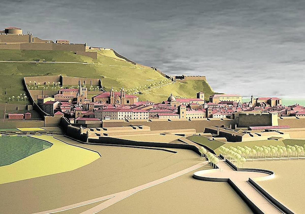 Restitución del Frente de Tierra con, en su centro, el Cubo Imperial, hacia 1800.