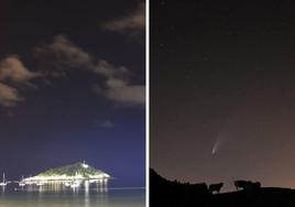 A la izquierda, foto del cometa Neowise, en julio de 2020, visto a simple vista desde San Sebastián (en la zona central de la imagen, encima de la isla); y a la derecha el mismo cometa desde una población apartada a 25 kilómetros de Donostia.