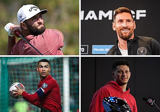 De izquierda a derecha y de arriba abajo, Jon Rahm, Leo Messi, Cristiano Ronaldo y Patrick Mahomes.