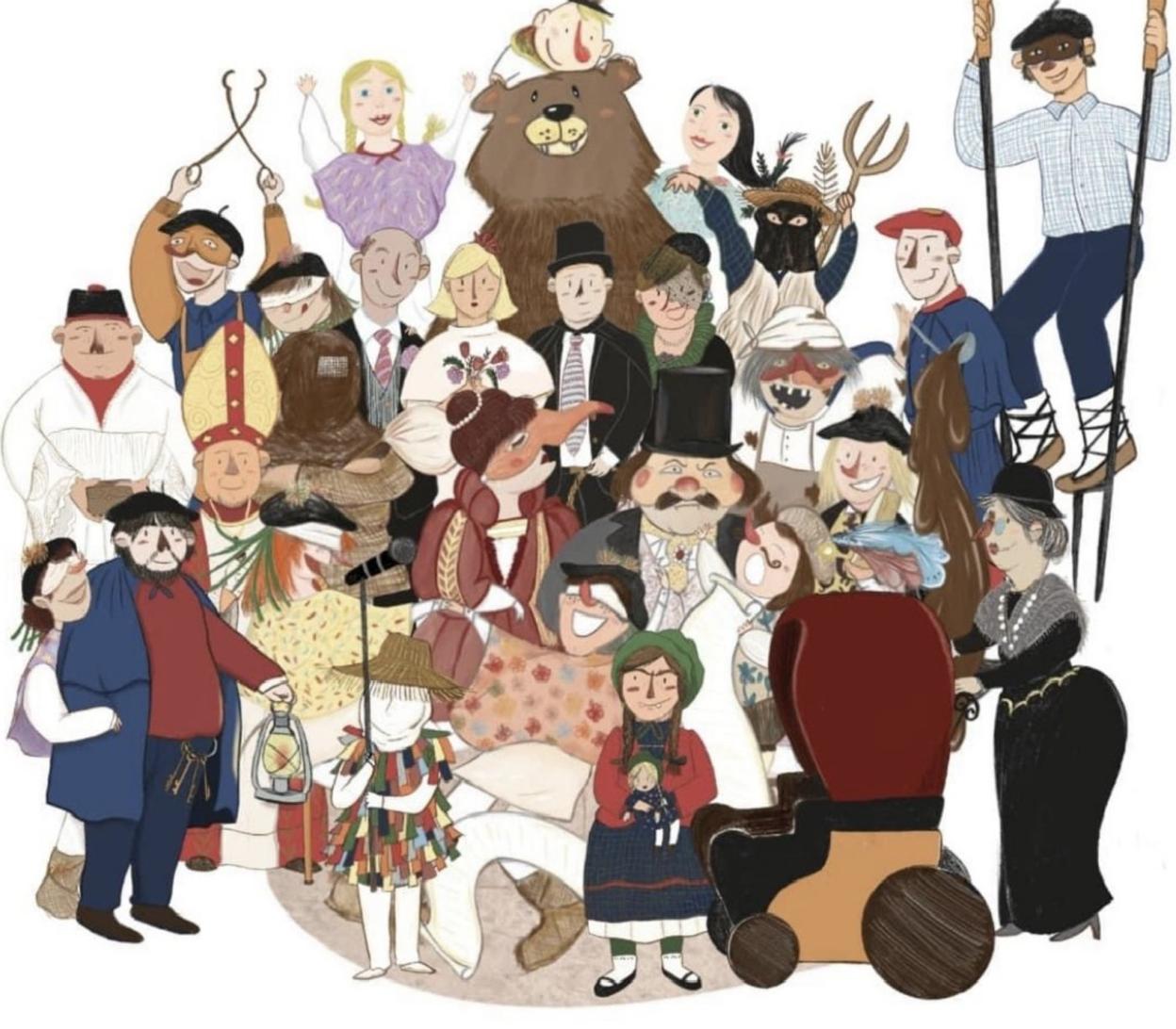 Cartel de Oñatiko Inauteria que hace un guiño a todos los personajes que participan en la mascarada. 