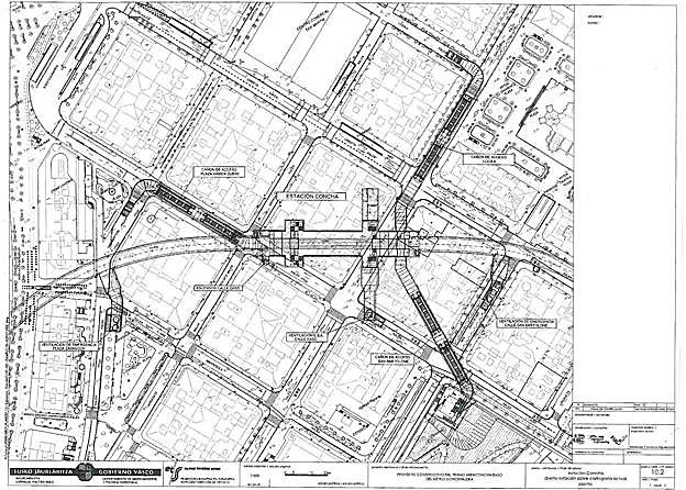 Plano de los cañones de acceso a la estación del Metro de Centro-La Concha proyectados en el centro urbano.