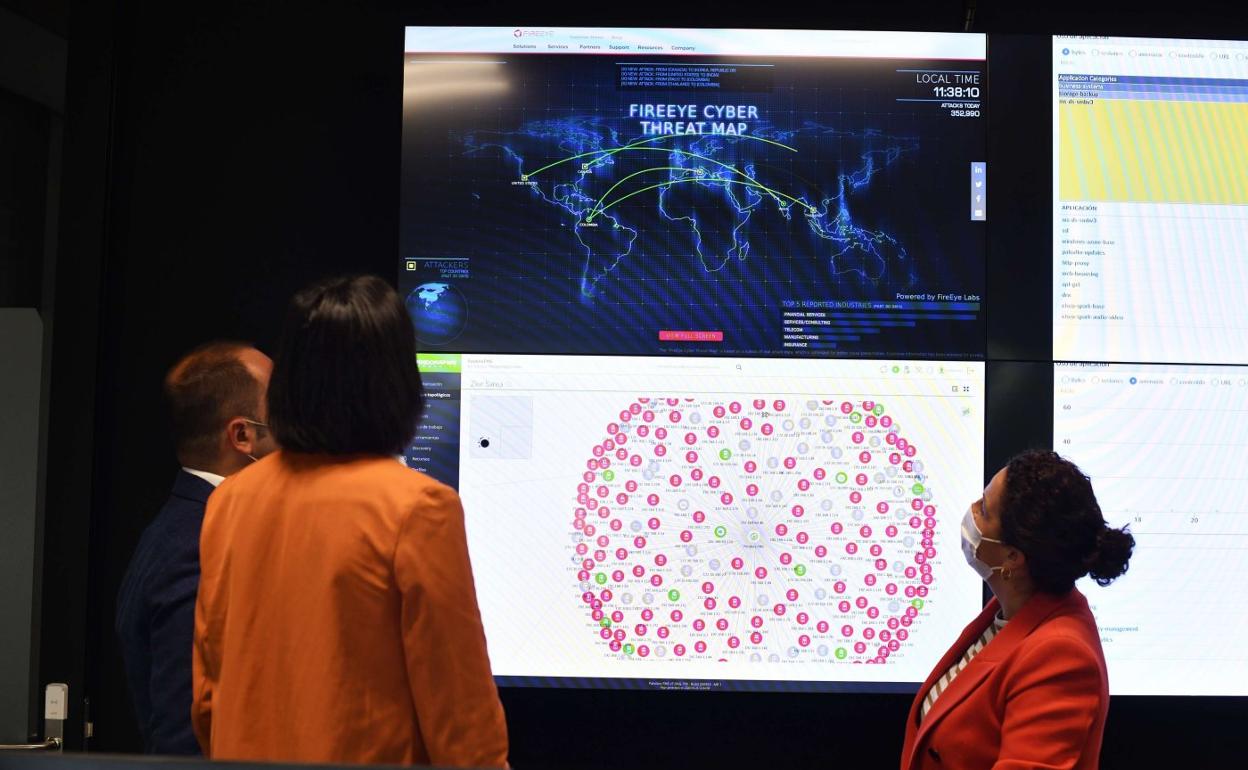 Pantalla gigante en la sede donostiarra de Ziur, el centro guipuzcoano de ciberseguridad. 